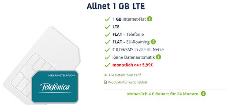 1GB LTE Allnet Flat für 5,99€ | keine Datenautomatik