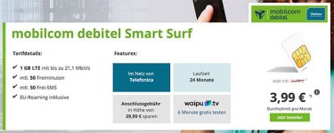 1GB LTE Mobilcom Debitel Smart Surf für 3,99€ mit 6 Monate waipu.tv gratis