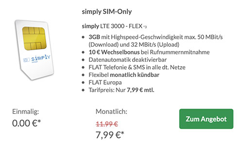 Simply LTE 3000 für 7,99€ | mit 10€ Amazon Gutschein und ohne Laufzeit