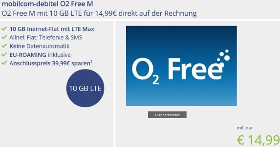 MD o2 Free M mit 10 GB LTE Internet Flat für 14,99€ | SIM-Only