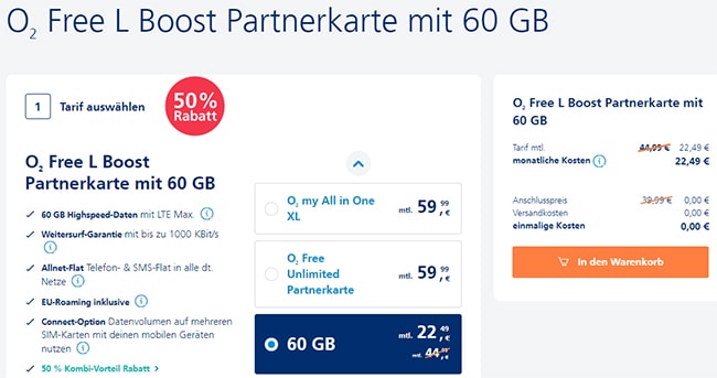 o2 Free L Boost Partnerkarte 60GB für 22,49€ | SIM-Only