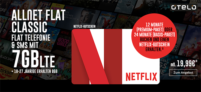 otelo Allnet-Flat Classic (7GB LTE) für 19,99€ mit 24 Monaten Netflix Gutschein