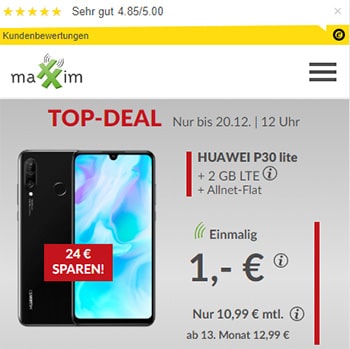 maXXim 2GB LTE Handyvertrag für 11,99€ mit Huawei P30 lite für 1€