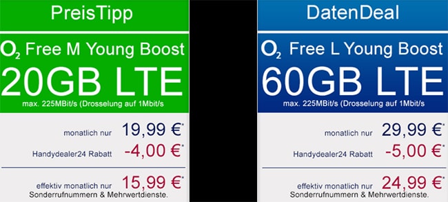 o2 Free M Young und Free L Young (bis zu 60 GB LTE) ab 15,99€ pro Monat