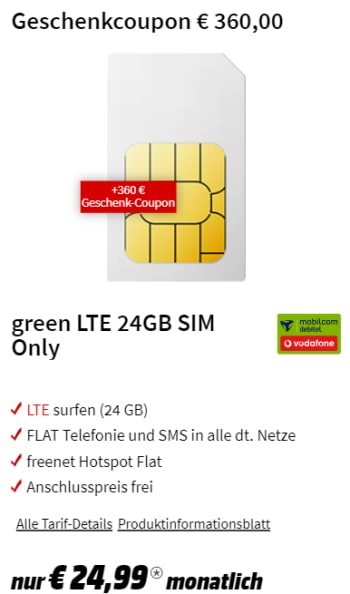 24GB Vodafone LTE Tarif mit 360€ MediaMarkt Geschenk-Coupon (effektiv 9,99€ / Monat)