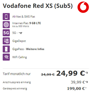 Vodafone RED XS (8GB LTE) mit TOP Smartphones ab 1€