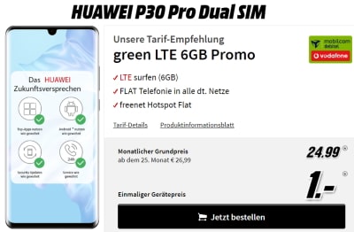 Huawei P30 Pro für 1€ mit MD Green Vodafone 6GB LTE Tarif für 24,99€