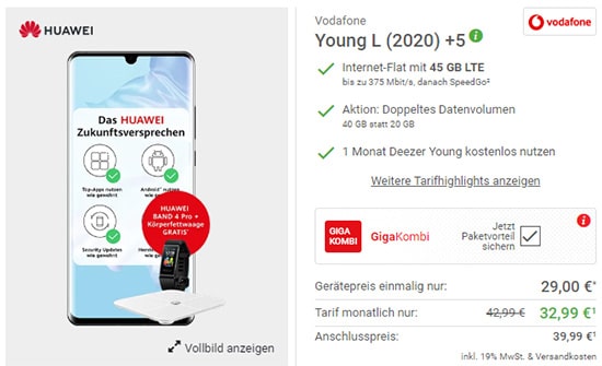 Vodafone Young L 40GB Flat (5G Netz Tarif) mit Handy ab 1€