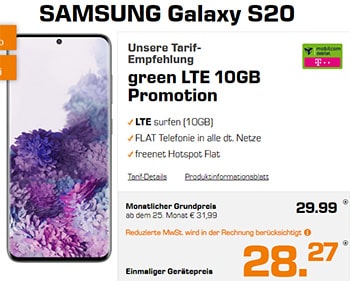 Samsung Galaxy S20 für 28,27€ mit 10 GB Telekom Vertrag für 29,99€