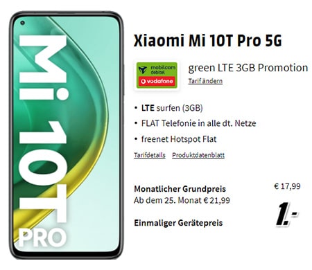 Xiaomi Mi 10T Pro 5G für 1€ mit MD Green Vodafone 3 GB LTE Tarif für 17,99€