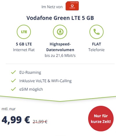 5 GB LTE Vodafone Allnet Flat für 4,99€