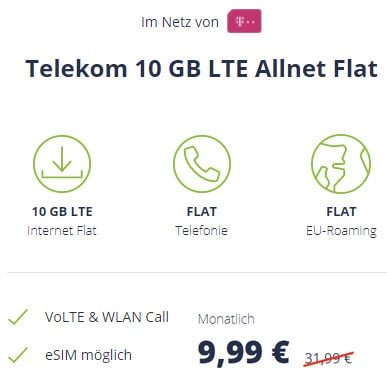 10 GB Mobilcom Telekom Allnet Flat für 9,99€ pro Monat