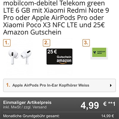 6 GB MD Green Telekom LTE Tarif ab 14,99€ mit Apple AirPods Pro oder Xiaomi Poco X3 NFC + 25€ Amazon Gutschein für 4,99€