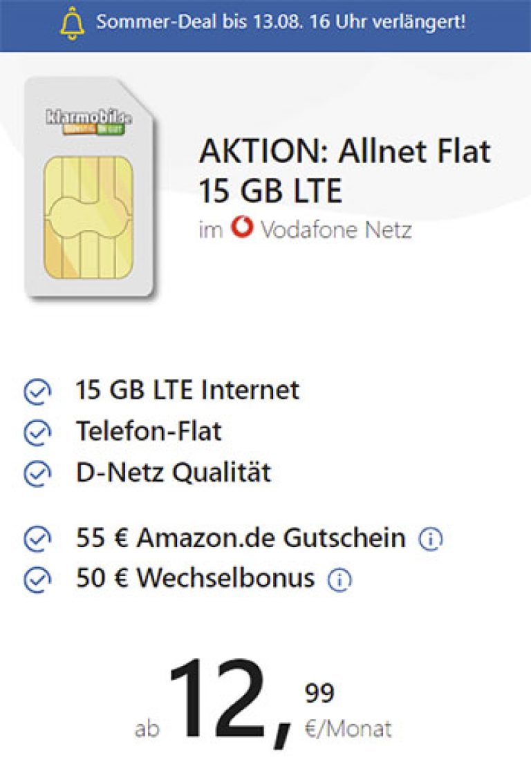 15 GB Klarmobil Vodafone LTE Allnet Flat für 12,99€ / Monat + 55€ Amazon Gutschein + 50€ für Rufnummernmitnahme