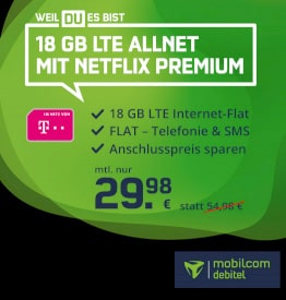 Mobilcom 18 GB Telekom LTE Allnet Flat für 29,98€ + 2 Jahre Netflix inkl.