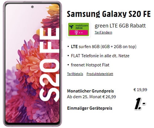 8 GB Telekom LTE Allnet Flat ab 19,99€ mit Galaxy S20 FE, Google Pixel 4a für 1€, iPhone SE für 29€