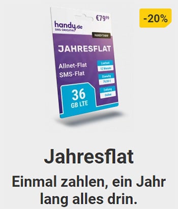 Handy.de Jahresflat für 79,99€ mit Allnet Flat + 33 GB + 3 GB monatlich | ohne Kündigung