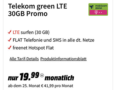 30 GB Mobilcom Debitel Telekom LTE Allnet Flat für 19,99€