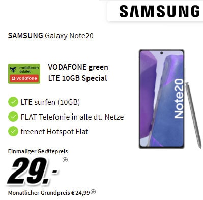 10 GB MD Green Vodafone LTE Tarif ab 24,99€ mit Handy | iPhone SE für 49€, Galaxy Note 20 für 29€