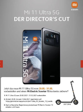 Xiaomi Mi 11 Ultra 5G vorbestellen ab 1€ mit Vertrag | Vorbesteller-Bonus: Xiaomi Mi E-Scooter 1S gratis dazu!