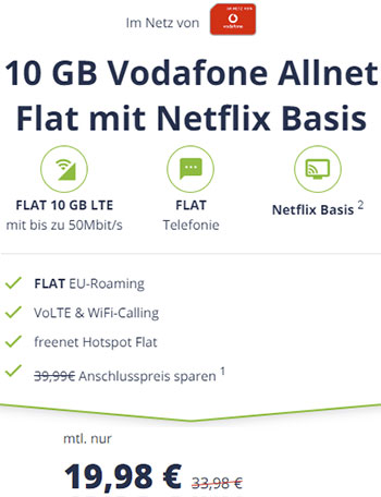 10 GB Mobilcom Debitel Vodafone LTE Allnet Flat mit Netflix Basis für 19,98€ / Monat
