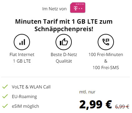 1 GB Crash Telekom LTE Tarif für 2,99€