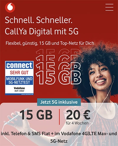 Vodafone CallYa Digital 15 GB Prepaid Tarif für 20€ pro Monat | 5G Netz Ready | ohne Laufzeit