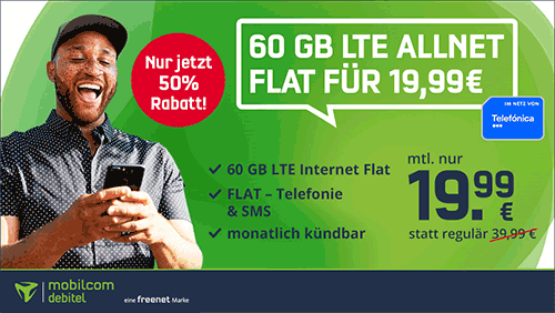 Mobilcom Debitel 60 GB LTE o2 Allnet Flat Tarif für nur 19,99€ / Monat | monatlich kündbar