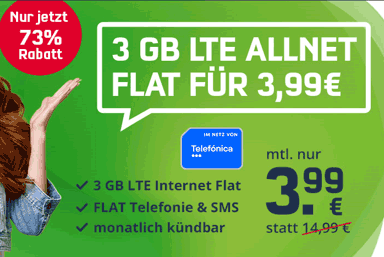 3 GB o2 LTE Allnet Flat für 3,99€ | ohne Laufzeit
