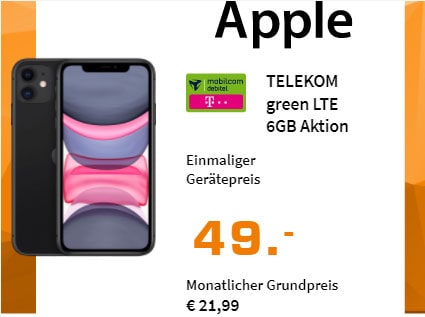 Apple iPhone 11 für 49€ mit MD Green Telekom 6 GB Tarif für 21,99€
