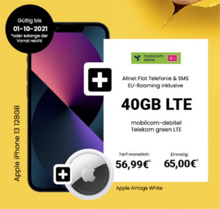 Apple iPhone 13 mit Apple Airtag für 65€ mit 40 GB Telekom Vertrag für 56,99€ / Monat
