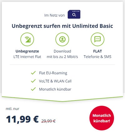 Mobilcom o2 Free Unlimited Basic (unbegrenztes Datenvolumen) für 11,99€ | monatlich kündbar