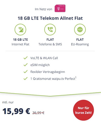 18 GB Mobilcom Debitel Telekom LTE Allnet Flat für 15,99€
