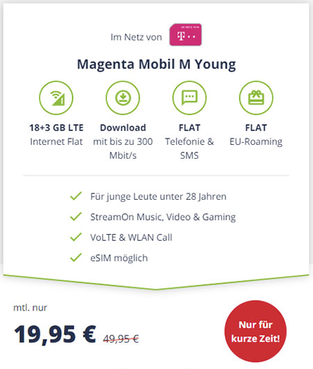 MD Telekom Magenta Mobil M Young für 19,95€ mit 21 GB LTE