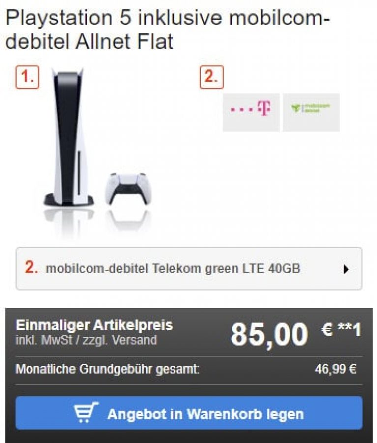 Sony Playstation 5 ab 85€ mit bis zu 40 GB Telekom Vertrag ab 41,99€ / Monat