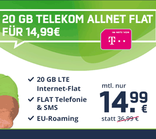 20 GB Mobilcom Telekom LTE Allnet Flat für 14,99€