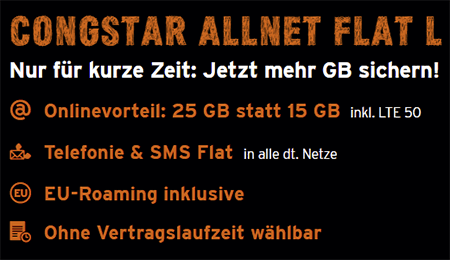 25 GB Congstar Allnet Flat L für 27€ / Monat | ohne Laufzeit im Telekom LTE Netz