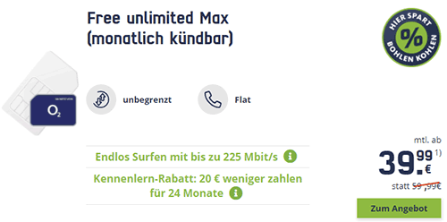 Mobilcom o2 Free Unlimited Max (unbegrenztes Datenvolumen) für 39,99€ | monatlich kündbar