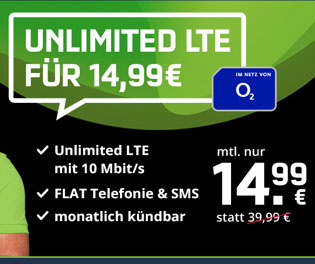 Mobilcom o2 Free Unlimited Smart (unbegrenztes Datenvolumen) für 14,99€ | monatlich kündbar
