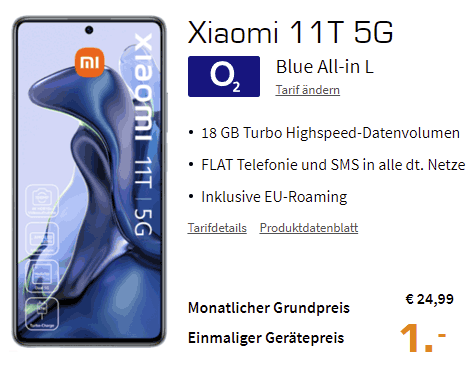 o2 Blue All-in L mit 18 GB für 24,99€ / Monat mit Xiaomi 11T 5G 128GB, Galaxy S20 FE für 1€