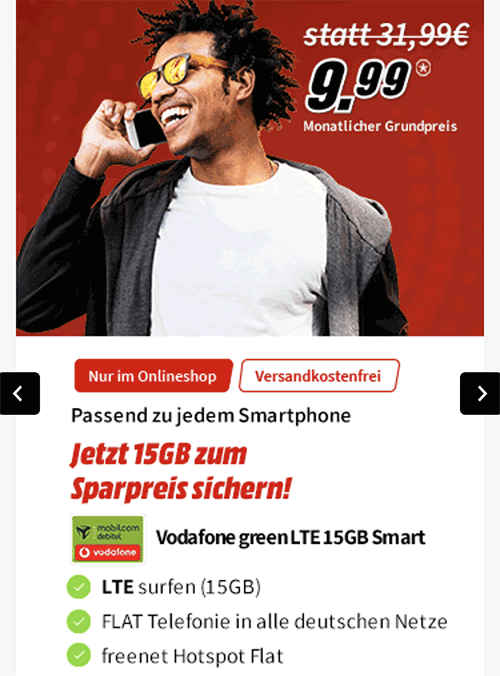 15 GB Mobilcom Vodafone LTE Allnet Flat für 9,99€