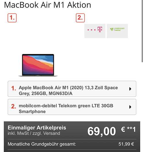 Apple Macbook Air M1 ab 69€ mit 30 GB Telekom / Vodafone Vertrag ab 49,99€ / Monat
