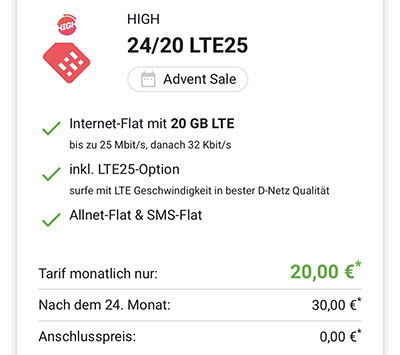 HIGH Mobile 15 GB Telekom LTE Allnet Flat ab 15€ pro Monat | 20 GB Flat ab 20€ | ohne Anschlussgebühr