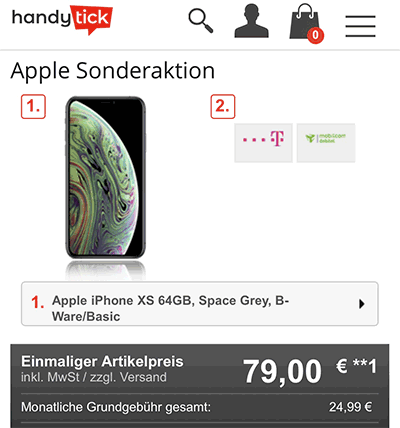 Apple iPhone Xs 64GB (B-Ware) für 79€ mit 30 GB Telekom Tarif für 24,99€
