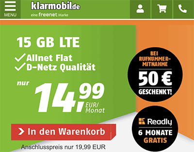 Klarmobil Allnet Flat Tarife im Telekom LTE Netz | TOP-Deal: 15 GB Telekom Flat für 14,99€ | 50€ bei Rufnummernmitnahme