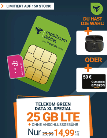 25 GB LTE Telekom Green Data XL Datentarif für 14,99€ mit 50€ Amazon Gutschein oder JBL Tune 130 NC TWS