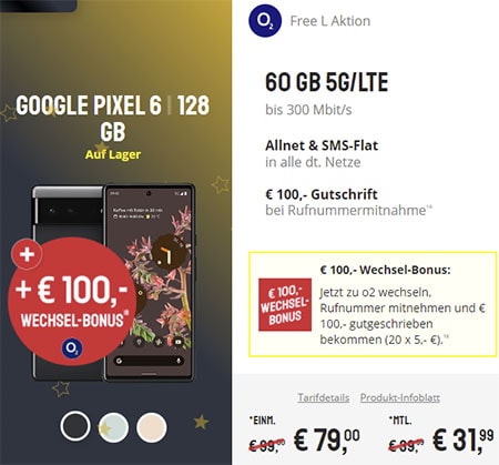 o2 Free L (60 GB LTE) ab 39,99€ mit Galaxy S21, Google Pixel 5, iPhone 12 mini ab 4,95€ | Aktion: ab 31,99€ mit Google Pixel 6 für 79€