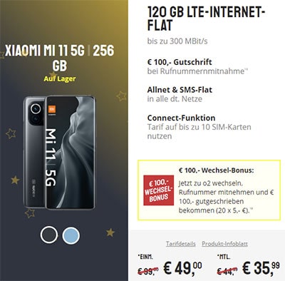 o2 Free L Boost (120 GB LTE) ab 44,99€ mit Galaxy S21 ab 4,95€, iPhone 13 (mini) ab 4,95€ | Aktion: ab 35,99€ mit Xiaomi 11T Pro 5G für 4,95€