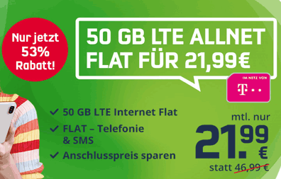 MEGA: 50 GB Mobilcom Telekom LTE Allnet Flat für 21,99€