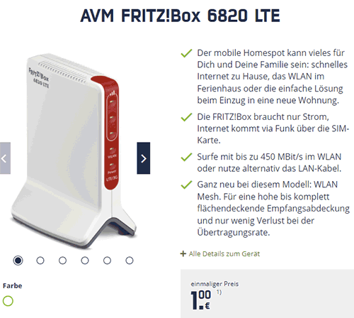 AVM FRITZ!Box 6820 LTE ab 1€ mit Mobilcom green Data Unlimited Tarif ab 34,99€ | (monatlich kündbar möglich)